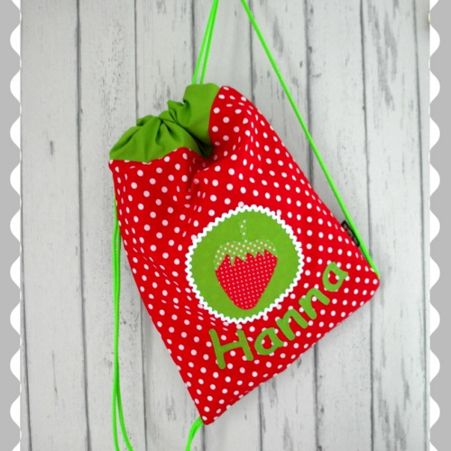 Kordelrucksack "Erdbeere auf Emplem" mit Wunschstoff