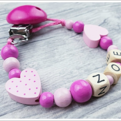 Schnullerkette "Herz Rosa mit pinken Pünktchen" mit Deinen Wunschfarben
