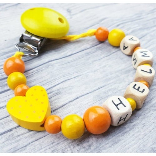 Schnullerkette "Herz Gelb mit orangenen Pünktchen" mit Deinen Wunschfarben