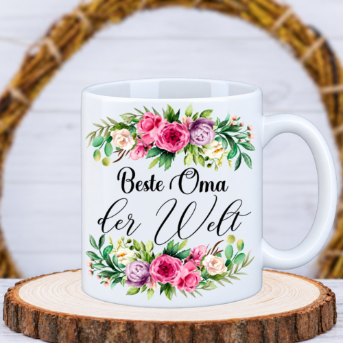 Tasse "Beste Oma der Welt mit Blumen", personalisierbar