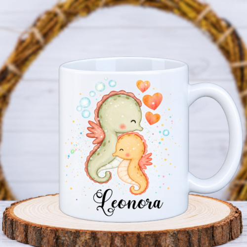 Tasse "Seepferdchenmama + Kind mit Glitzer" mit Wunschname