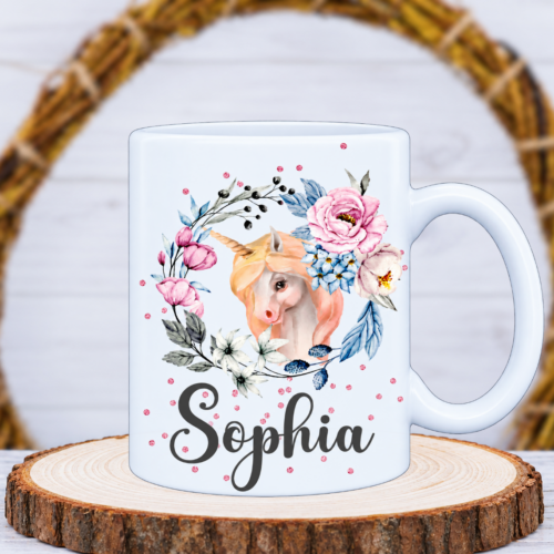 Tasse "Einhorn im Blumenkranz-mit Glitzer" mit Wunschnamen