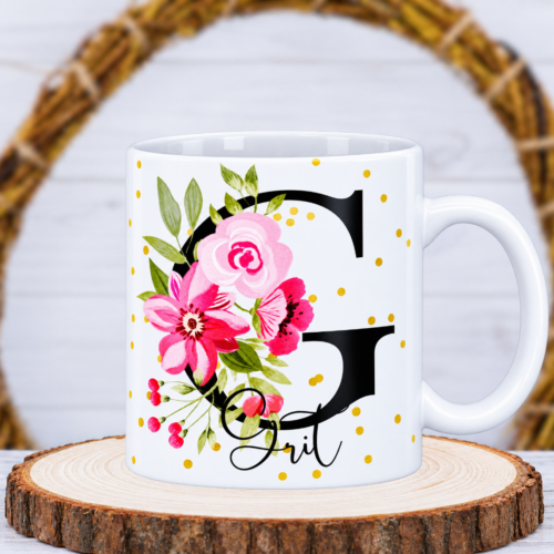 Tasse "Initialien mit Blumen und Goldkonfetti" mit Wunschname
